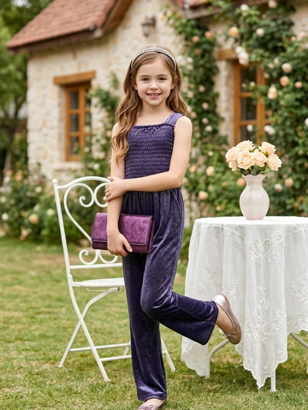 OshKosh B'gosh Girls Velvet Sleeveless Jumpsuit in Deep Purple with Bow